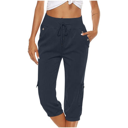 Loom & Soul™ Women’s Cropped Cargo Pants – Cotton Linen Blend with Pockets for Effortless Everyday Style