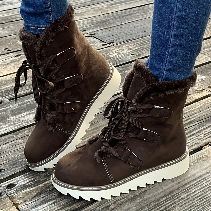 Women’s Elegant Lace-Up Winter Boots – Plush Mid-Calf Faux Fur Warm Shoes