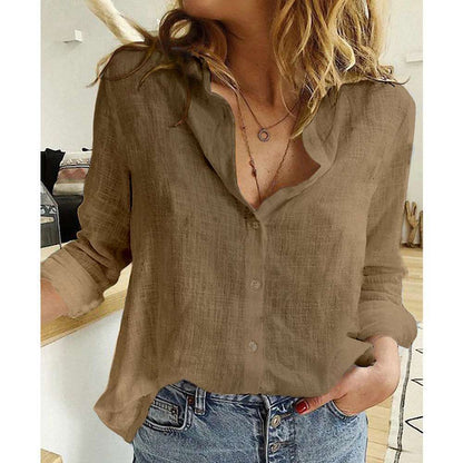 Loom & Soul™ Women’s Lapel Long-Sleeve Shirt – Cotton Linen Solid Color Button Top