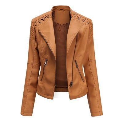 Loom & Soul™ Women’s Slim PU Leather Moto Jacket – Short Lapel Biker Coat for Chic Everyday Confidence