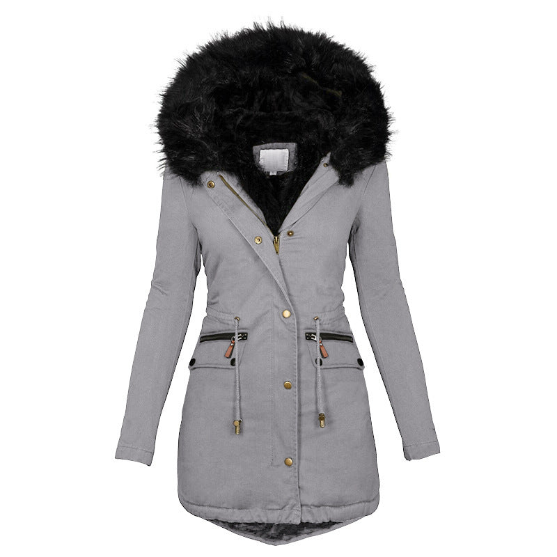Loom & Soul Women’s Mid-Length Cotton Coat – Warm Hooded Jacket with Faux Fur Collar and Long Sleeves
