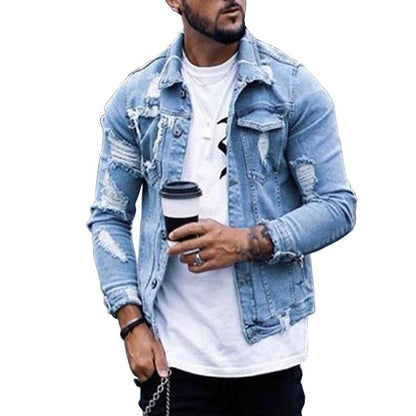 Veste en jean déchirée pour homme – Style streetwear hip-hop délavé