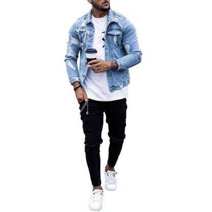 Veste en jean déchirée pour homme – Style streetwear hip-hop délavé