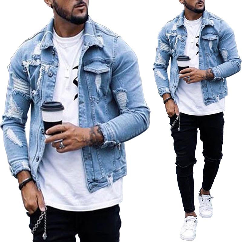 Veste en jean déchirée pour homme – Style streetwear hip-hop délavé