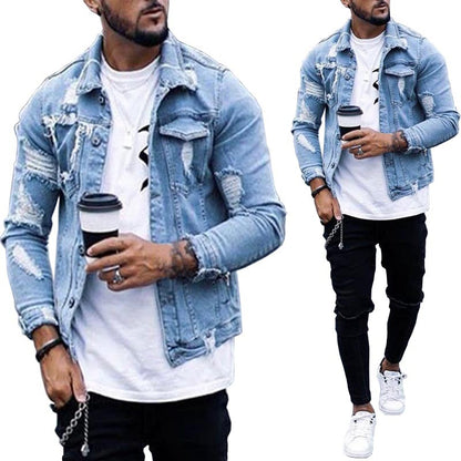 Veste en jean déchirée pour homme – Style streetwear hip-hop délavé