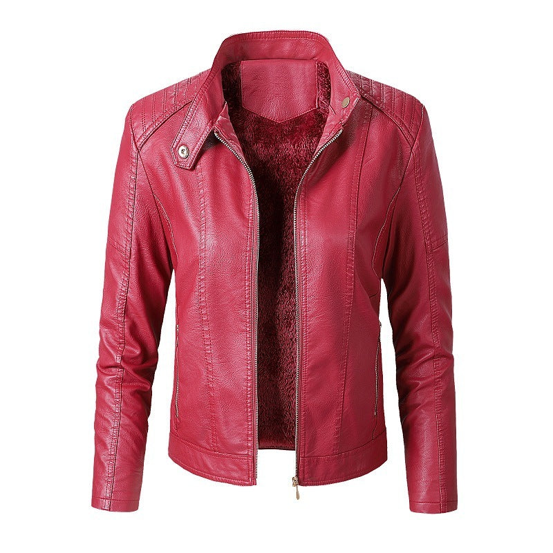 Loom & Soul™ Women’s PU Leather Jacket – Plus Velvet Lined Fashion Coat with Stand Collar for Chic Winter Style