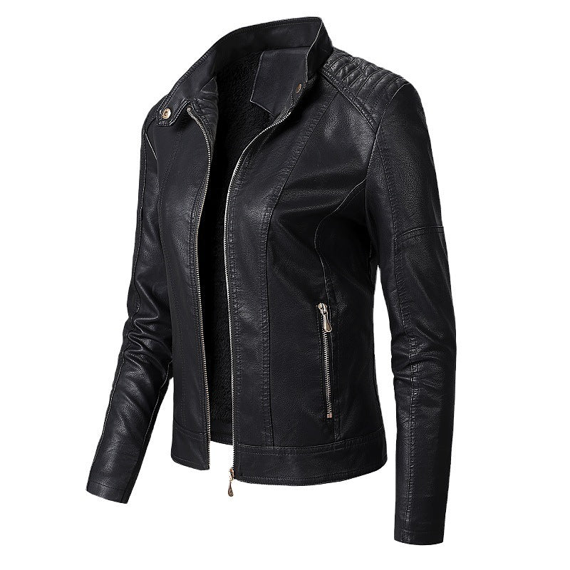 Loom & Soul™ Women’s PU Leather Jacket – Plus Velvet Lined Fashion Coat with Stand Collar for Chic Winter Style