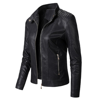 Loom & Soul™ Women’s PU Leather Jacket – Plus Velvet Lined Fashion Coat with Stand Collar for Chic Winter Style