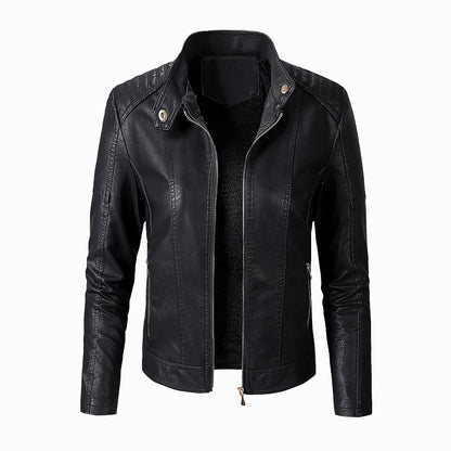 Loom & Soul™ Women’s PU Leather Jacket – Plus Velvet Lined Fashion Coat with Stand Collar for Chic Winter Style