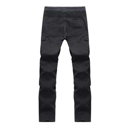 Loom & Soul Men’s Motorcycle Trousers – Slim-Fit Biker Jeans with Ribbed Knee Folds and Mid-Waist Design