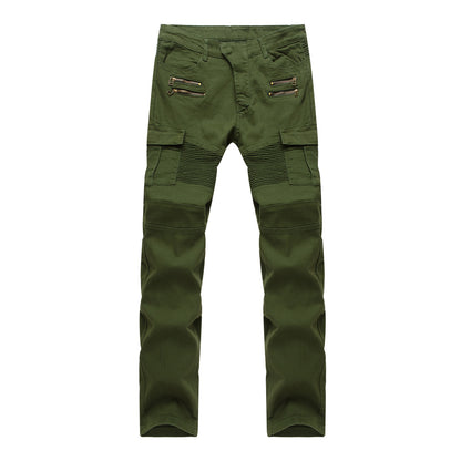 Loom & Soul Men’s Motorcycle Trousers – Slim-Fit Biker Jeans with Ribbed Knee Folds and Mid-Waist Design