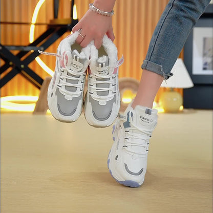 Women’s Cozy Fleece Snow Boots – White & Blue Non-Slip Thick Sole Winter Shoes