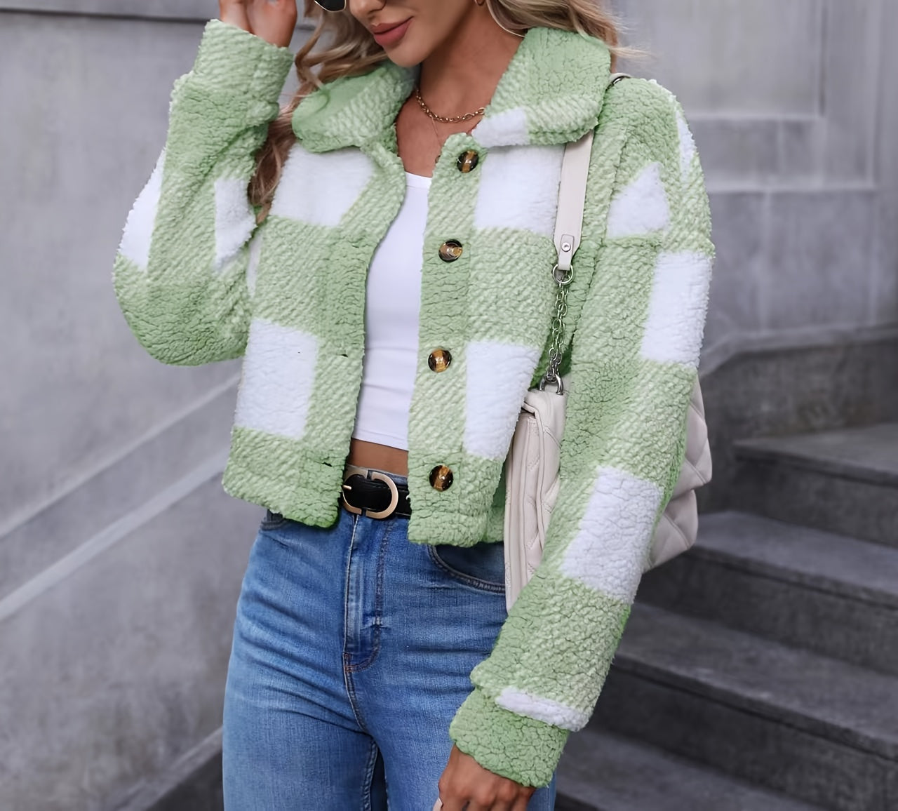 Women’s Plaid Teddy Coat – Button-Up Warm Checkered Fall/Winter Outerwear