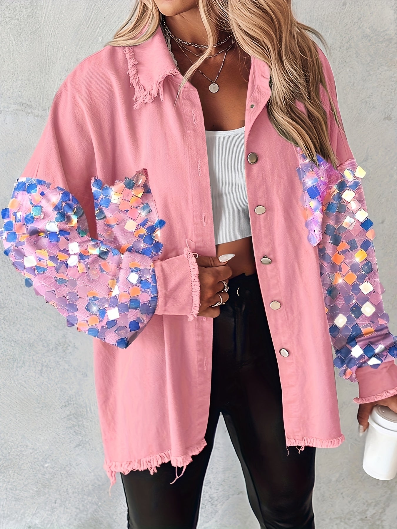 Women’s Sequin Tassel Patchwork Shacket – Fuzzy Contrast Long Sleeve Jacket