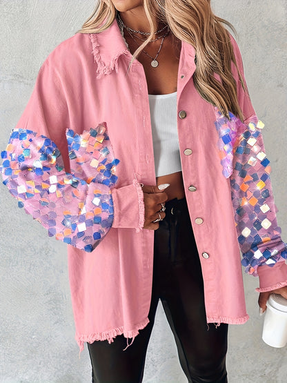 Women’s Sequin Tassel Patchwork Shacket – Fuzzy Contrast Long Sleeve Jacket