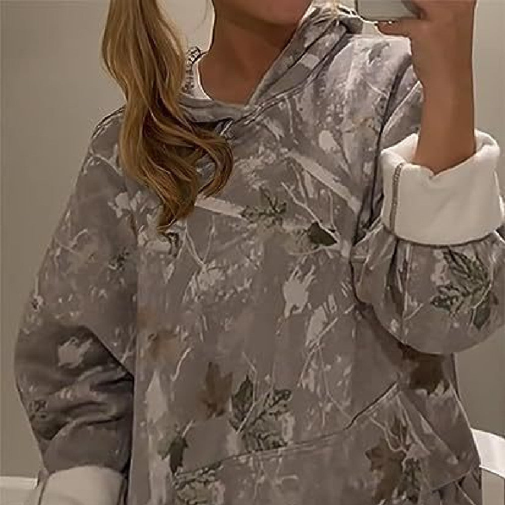 Loom & Soul Women’s Casual Floral Hooded Top – Loose Pullover with Lantern Sleeves, Front Pocket & Digital Print (Khaki, Light Grey)