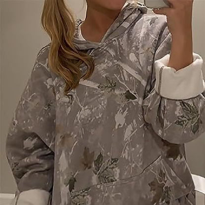 Loom & Soul Women’s Casual Floral Hooded Top – Loose Pullover with Lantern Sleeves, Front Pocket & Digital Print (Khaki, Light Grey)