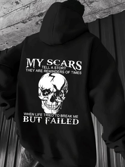 Men’s “My Scars Tell a Story” Hoodie – Skull Back Print Motivational Pullover