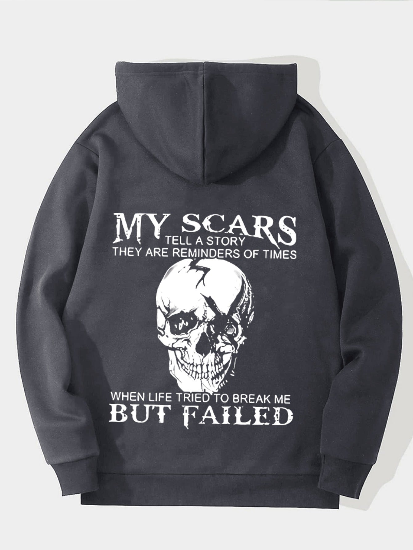 Men’s “My Scars Tell a Story” Hoodie – Skull Back Print Motivational Pullover