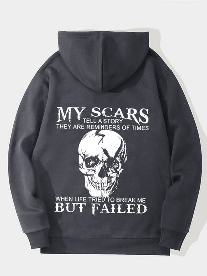 Men’s “My Scars Tell a Story” Hoodie – Skull Back Print Motivational Pullover