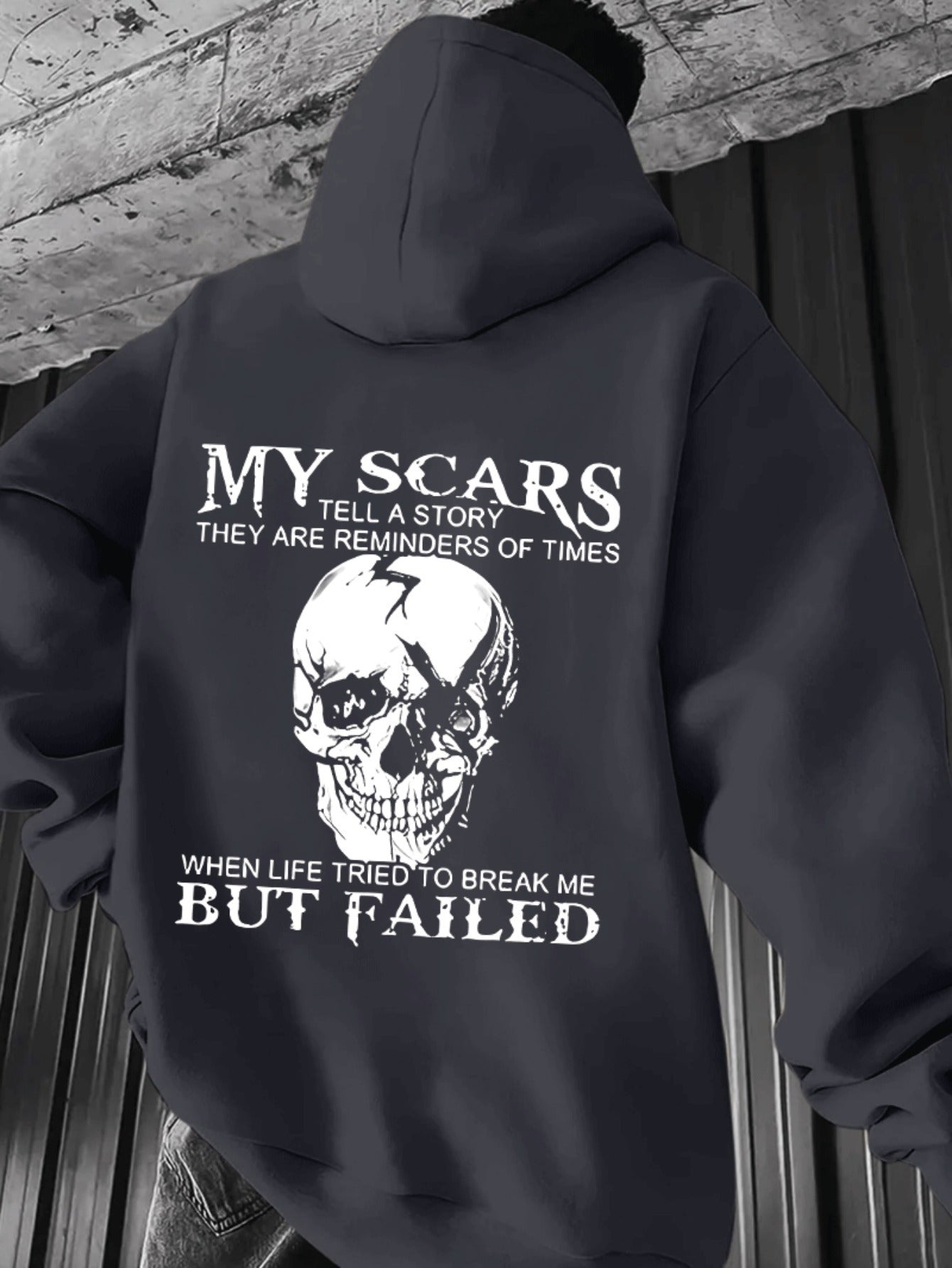 Men’s “My Scars Tell a Story” Hoodie – Skull Back Print Motivational Pullover