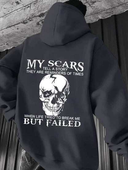 Men’s “My Scars Tell a Story” Hoodie – Skull Back Print Motivational Pullover