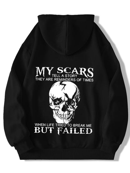 Men’s “My Scars Tell a Story” Hoodie – Skull Back Print Motivational Pullover