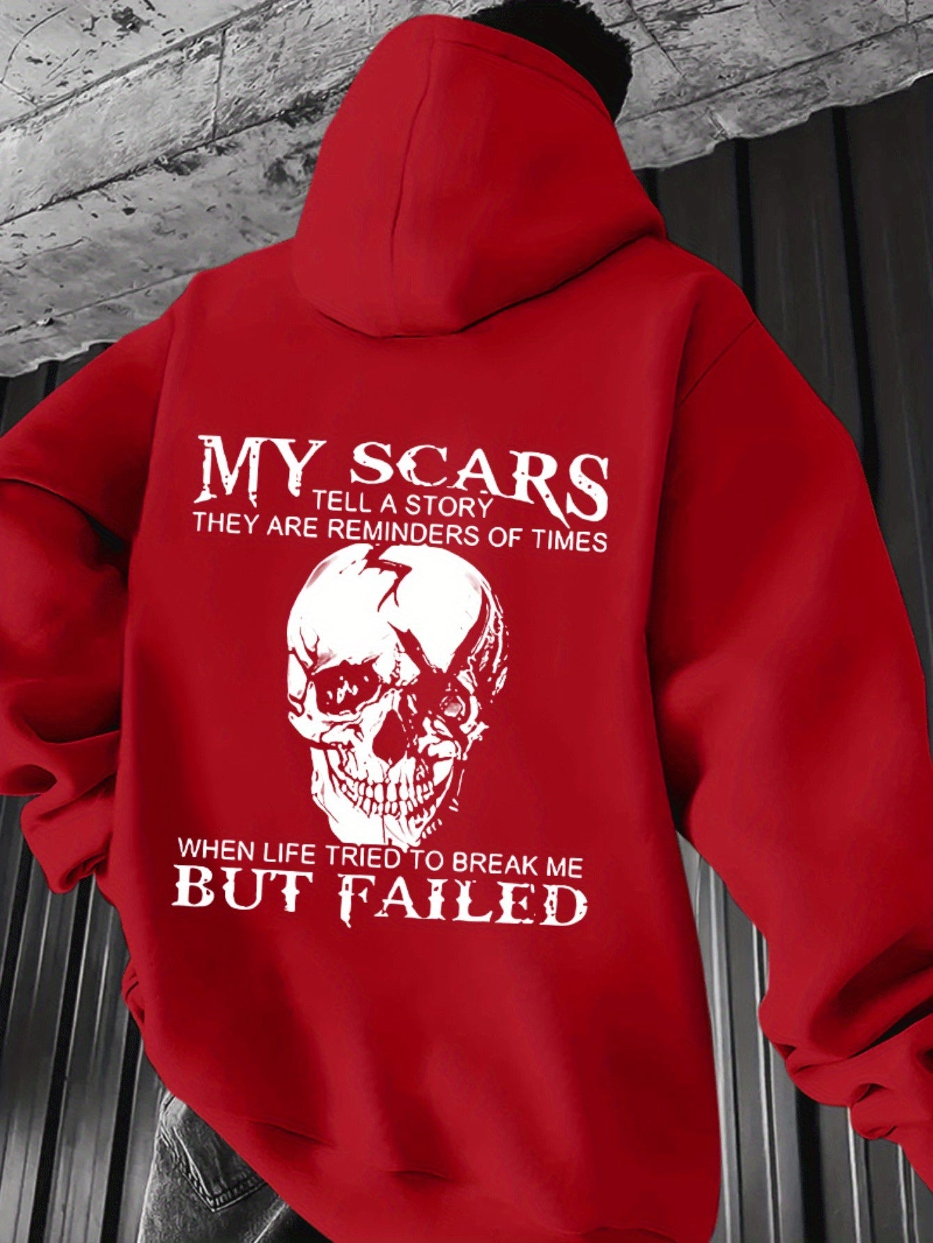 Men’s “My Scars Tell a Story” Hoodie – Skull Back Print Motivational Pullover
