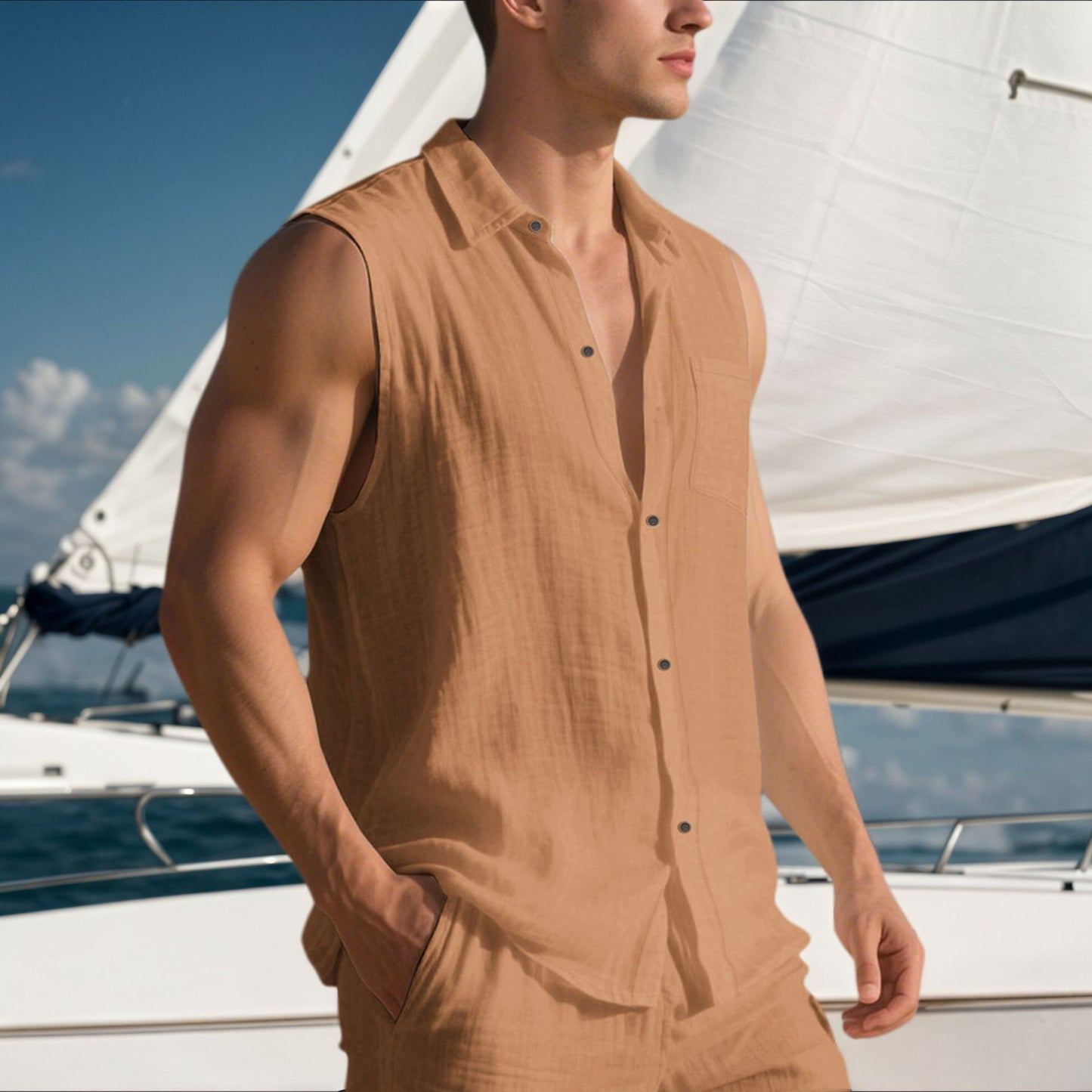 Men’s Linen Sleeveless Shirt – Open Lapel Summer Layer