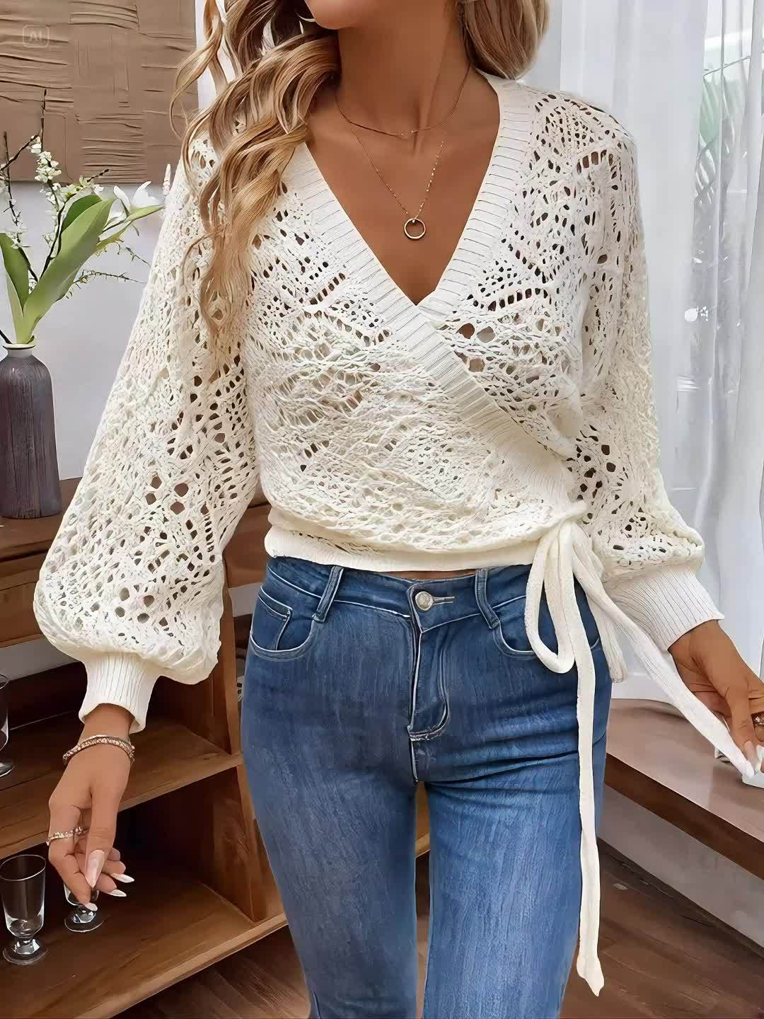 Elegant V-Neck Lantern Sleeve Sweater – Lightweight All-Season Pullover