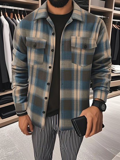 Chemise à carreaux verte et bleue pour homme – Chemise décontractée boutonnée à carreaux