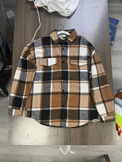 Men’s Vintage Plaid Shirt – Black & White Check Loose Button-Up Top