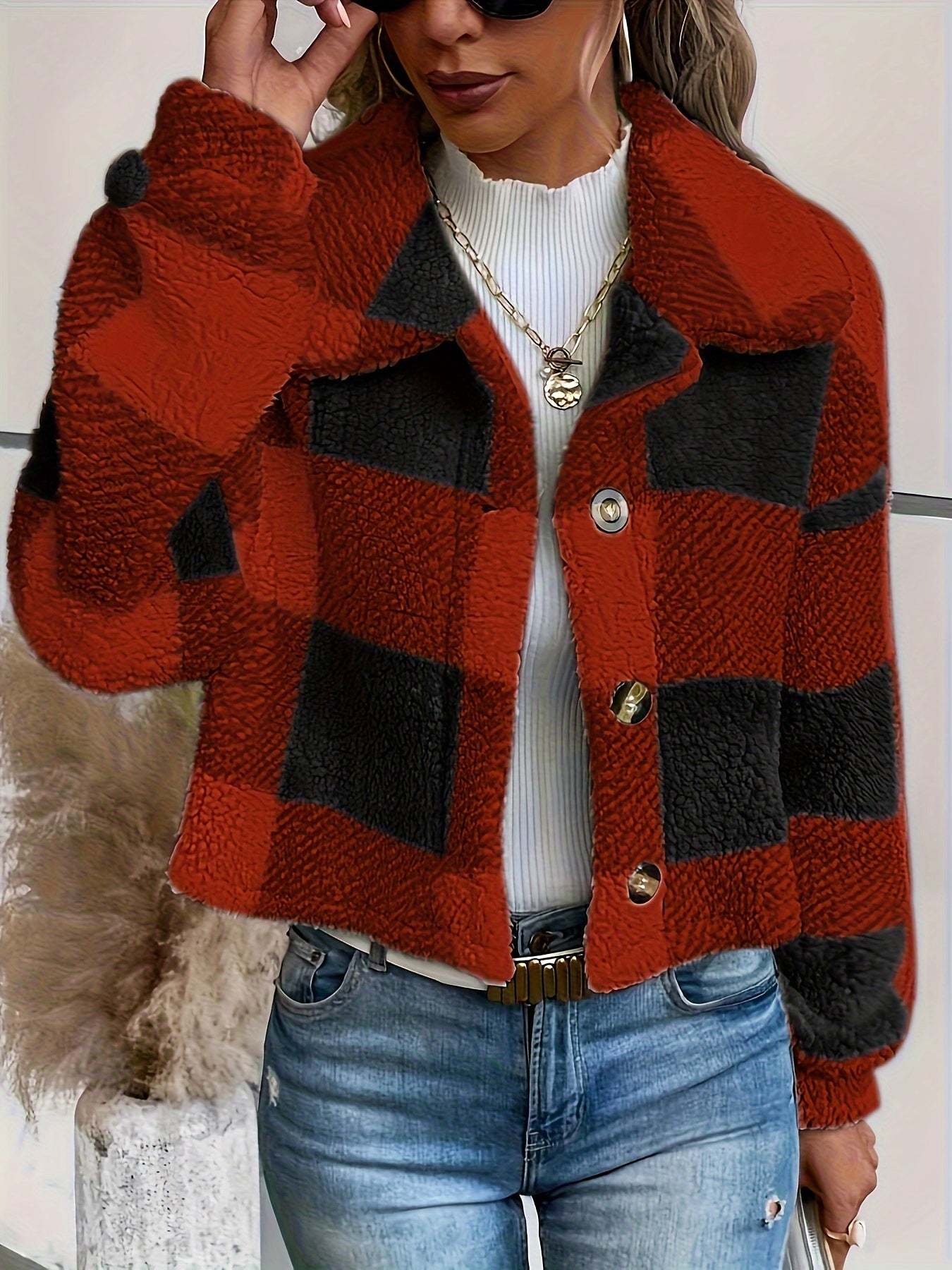 Women’s Plaid Teddy Coat – Button-Up Warm Checkered Fall/Winter Outerwear