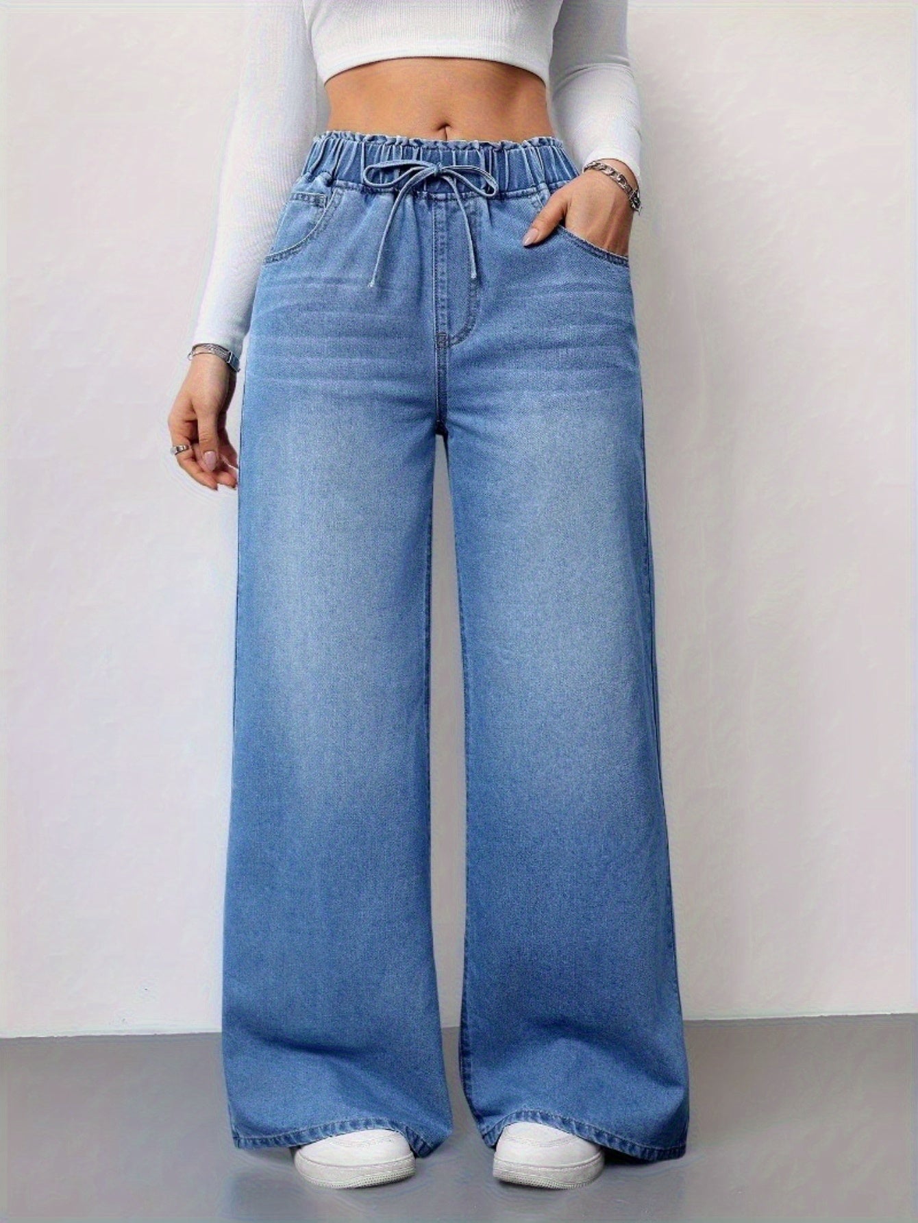 Women’s High-Waist Wide-Leg Jeans – 2025 Stretch Drawstring Denim