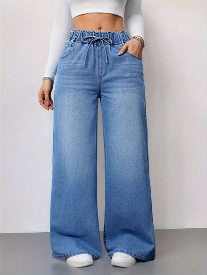 Women’s High-Waist Wide-Leg Jeans – 2025 Stretch Drawstring Denim