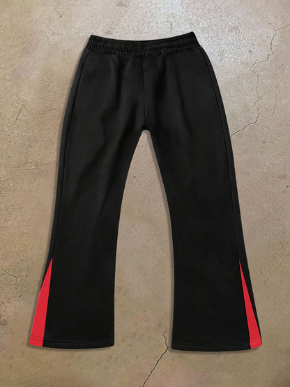 Men’s Black Flared Pants – Cross Print Streetwear Trousers with Red Stripe