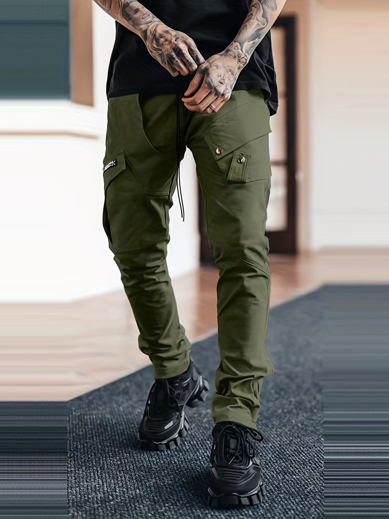 Men’s Black Cargo Pants – Multi-Pocket Drawstring Streetwear Trousers