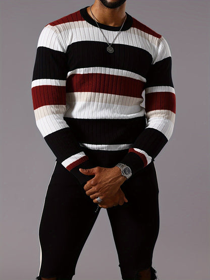 Men’s Striped Ribbed Knit Sweater – Color-Block Fall Winter Pullover
