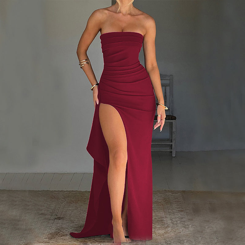 Strapless Pleated Maxi Dress – Elegant Split Bridesmaid Evening Dress