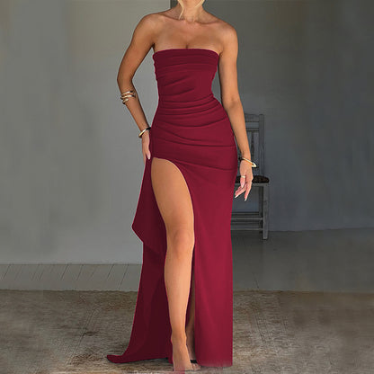 Strapless Pleated Maxi Dress – Elegant Split Bridesmaid Evening Dress