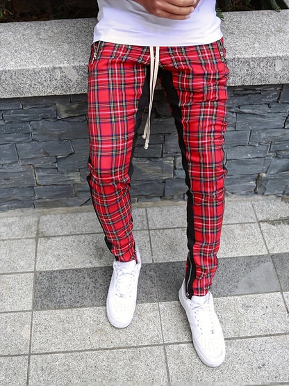 Men’s Red & Black Plaid Joggers – 3D Knit Streetwear Trousers