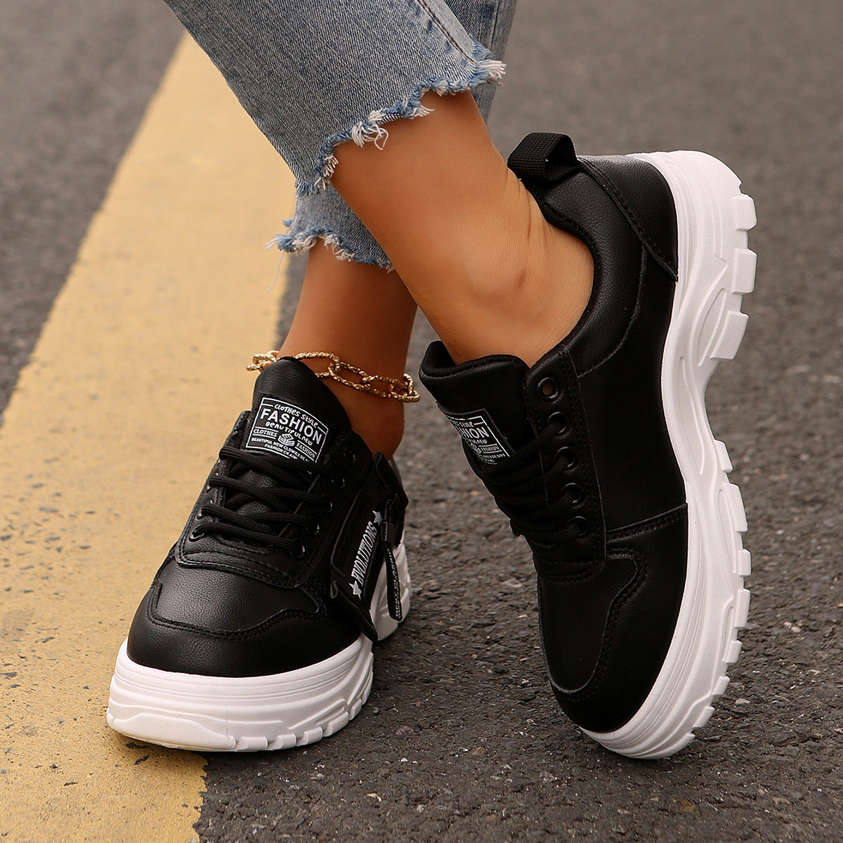 Loom & Soul™ Side-Zip Lace-Up Sneakers – Women’s Thick-Soled PU Casual Shoes with Color-Block Stitch Design