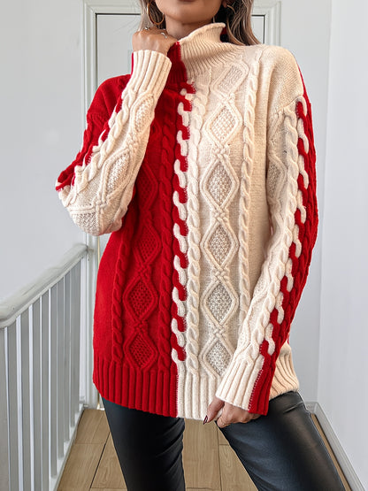 Elegant High-Neck Striped Blouse – Color-Block Knit Long Sleeve Top