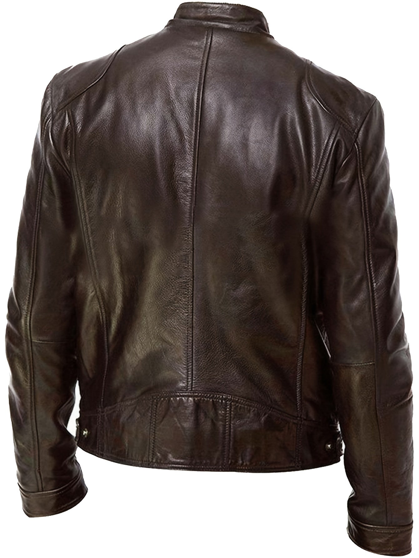 Men’s Full-Zip Motorcycle Jacket – Brown PU Leather Stand Collar Coat