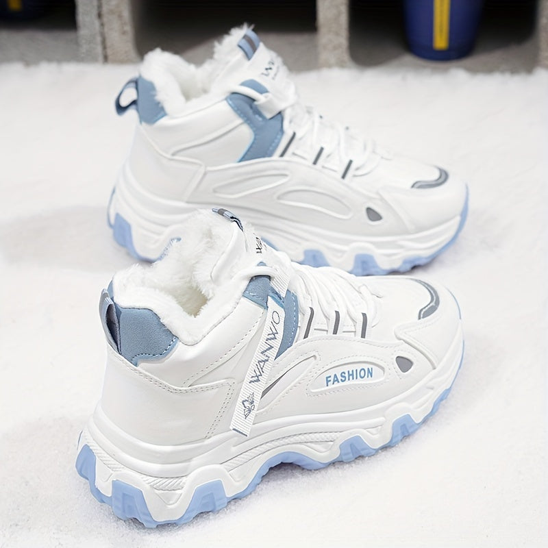 Women’s Cozy Fleece Snow Boots – White & Blue Non-Slip Thick Sole Winter Shoes