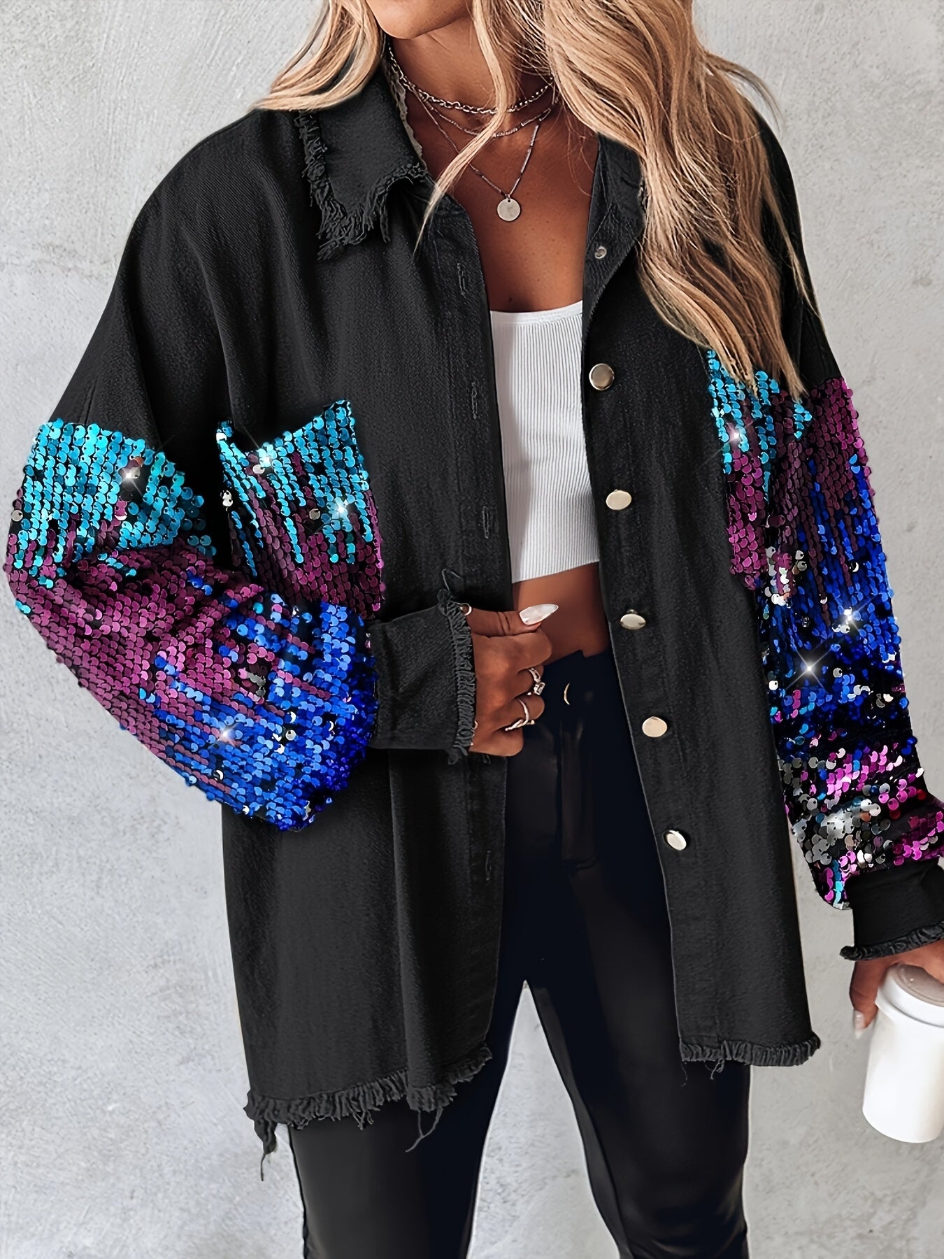 Women’s Sequin Tassel Patchwork Shacket – Fuzzy Contrast Long Sleeve Jacket