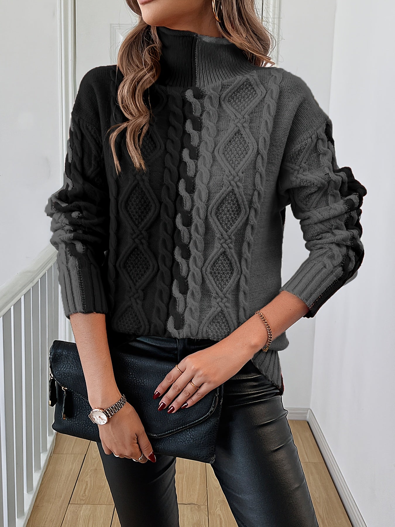 Elegant High-Neck Striped Blouse – Color-Block Knit Long Sleeve Top