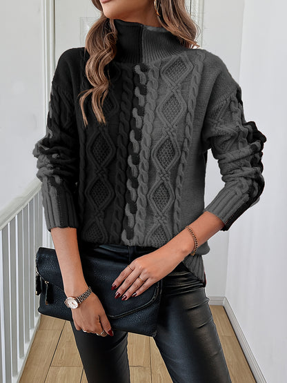 Elegant High-Neck Striped Blouse – Color-Block Knit Long Sleeve Top