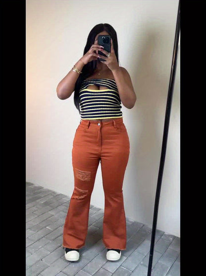 Women’s Vibrant Orange Distressed Flare Jeans – High-Waist Bootcut