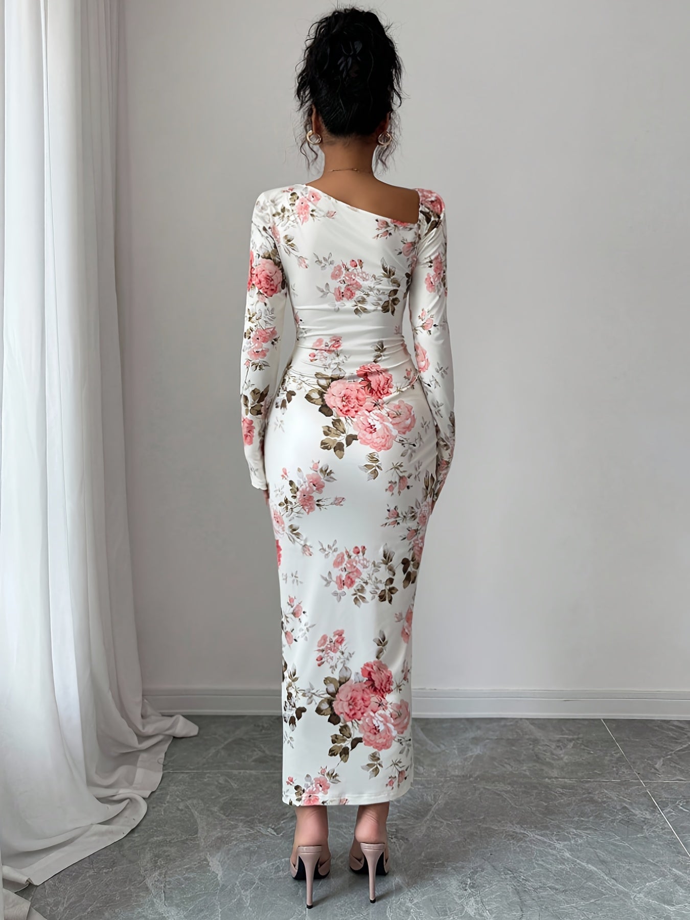 Asymmetrical Floral Bodycon Dress – Long Sleeve Ruffle Slit Dress